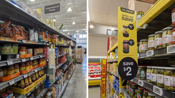 No Frills vs Walmart price comparison grocery aisle