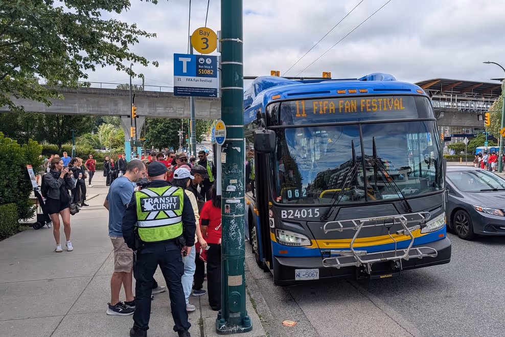 FIFA Fan Festival Express bus arriving at Renfrew Station